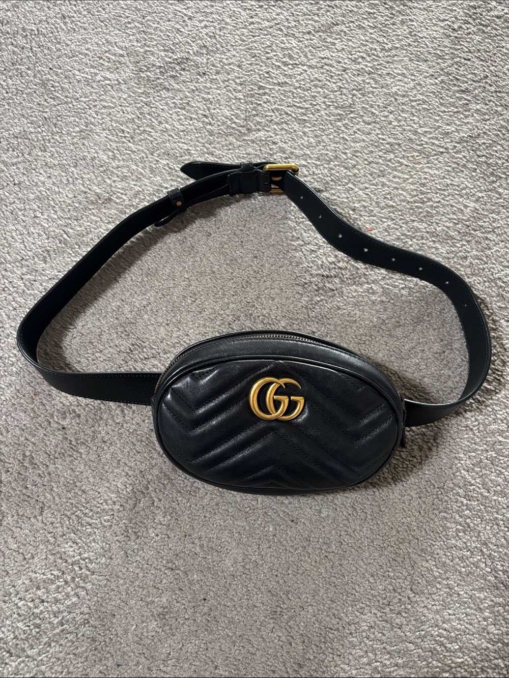 Gucci Black Chevron Quilted Leather Belt Bag with Gold GG